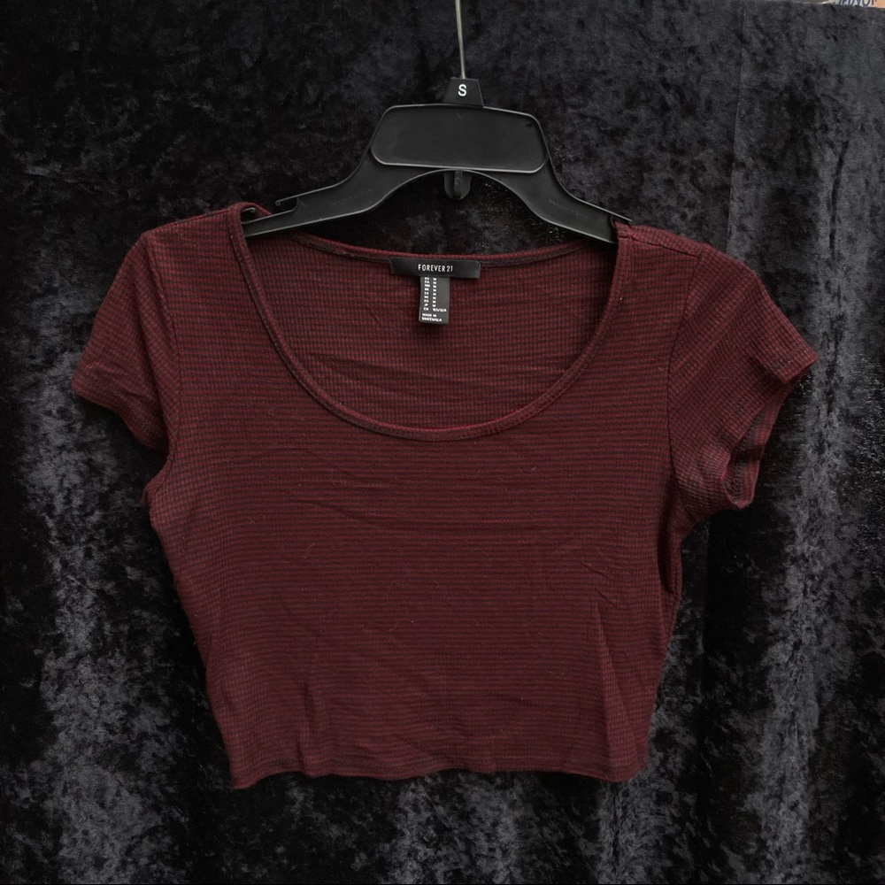 Red & Black Striped Short Sleeved Crop Top Forever 21
